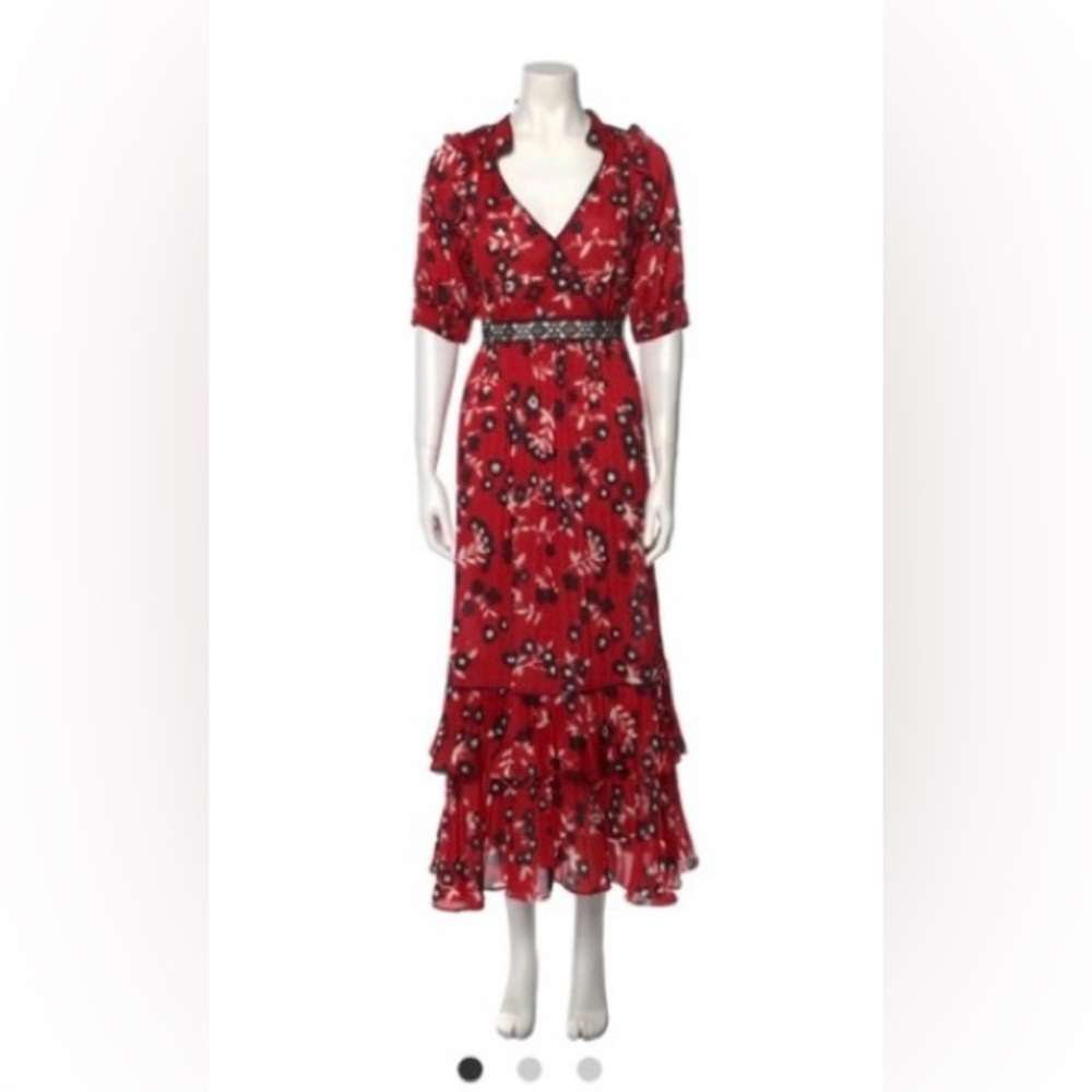 Self-Portrait Red V-Neck Puff Sleeve long dress